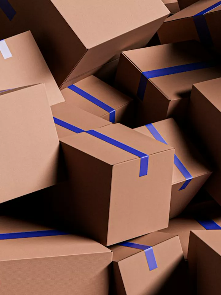 A heap of cardboard boxes sealed with blue tape